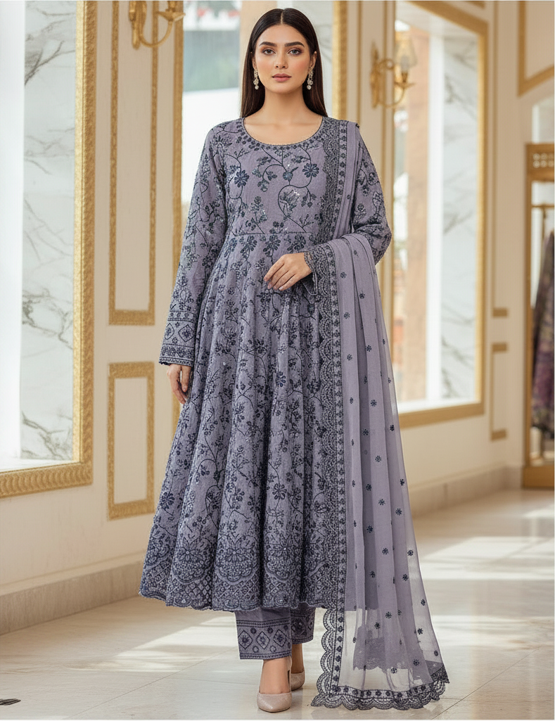 ETHN Butter Yellow , Pale Gray & Muted Periwinkle | Floral Embroidered Linen Dress | Flared Silhouette | Understated Festive Sophistication