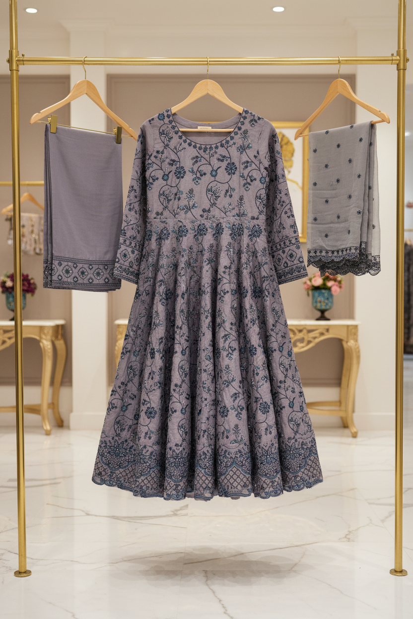 ETHN Butter Yellow , Pale Gray & Muted Periwinkle | Floral Embroidered Linen Dress | Flared Silhouette | Understated Festive Sophistication