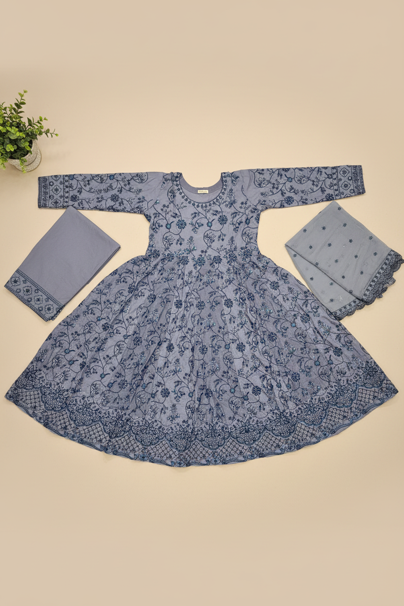 ETHN Butter Yellow , Pale Gray & Muted Periwinkle | Floral Embroidered Linen Dress | Flared Silhouette | Understated Festive Sophistication
