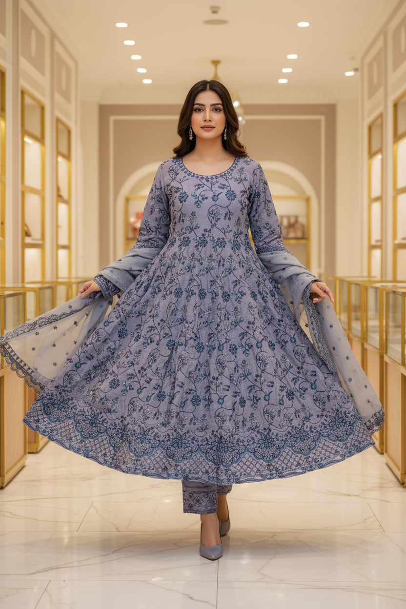ETHN Butter Yellow , Pale Gray & Muted Periwinkle | Floral Embroidered Linen Dress | Flared Silhouette | Understated Festive Sophistication