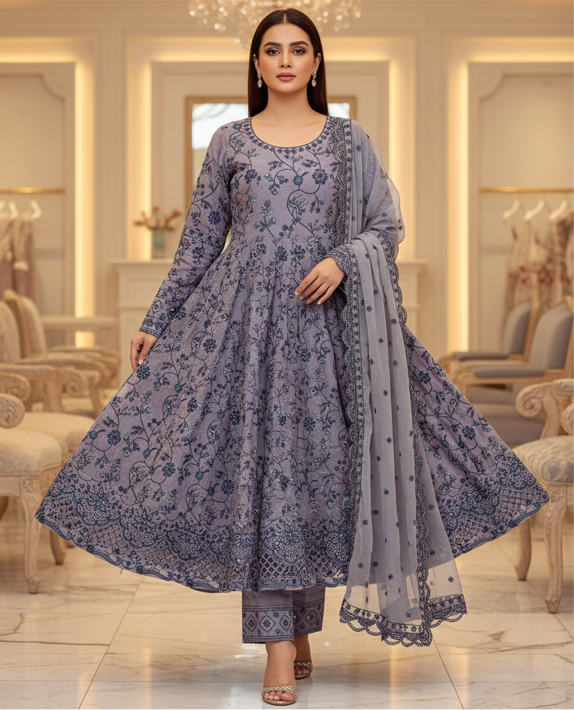 ETHN Butter Yellow , Pale Gray & Muted Periwinkle | Floral Embroidered Linen Dress | Flared Silhouette | Understated Festive Sophistication