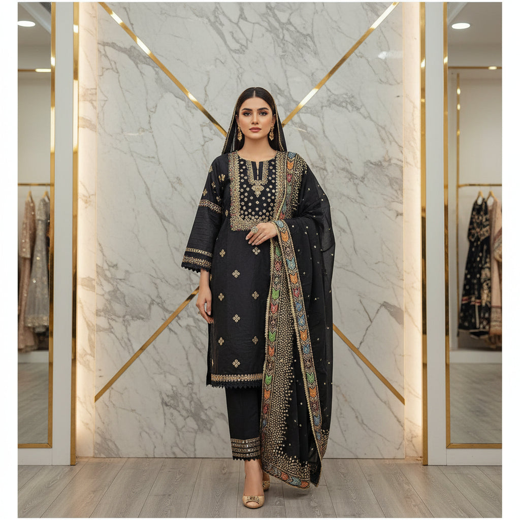 JZMN Black & Purple : Cotton Shalwar Kameez with Gotta & Thread Embroidery | Multi Colour Dupatta Border | Plus Size Casual to Festive | M to 8XL