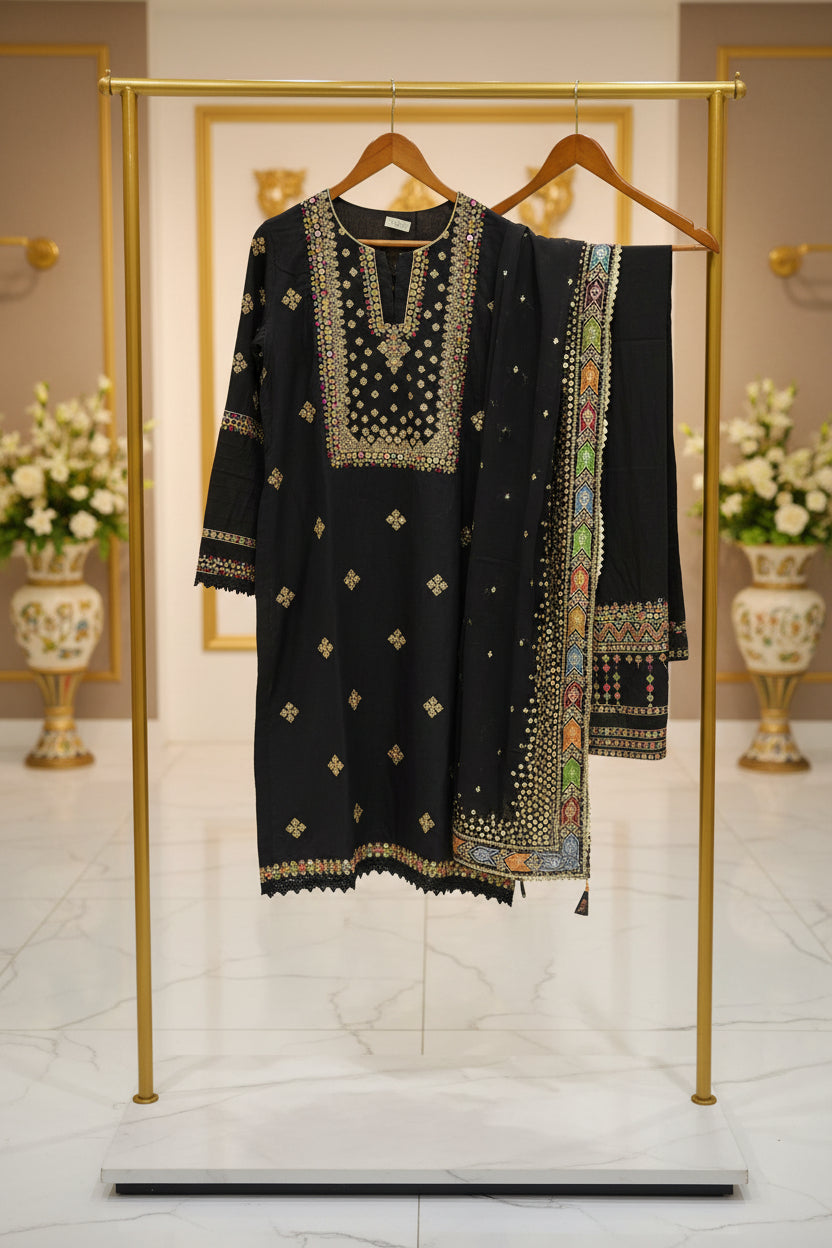 JZMN Black & Purple : Cotton Shalwar Kameez with Gotta & Thread Embroidery | Multi Colour Dupatta Border | Plus Size Casual to Festive | M to 8XL