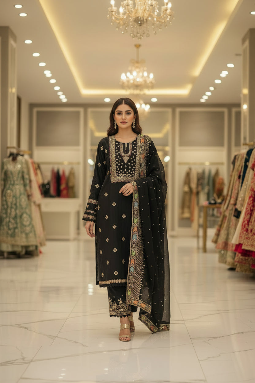 JZMN Black & Purple : Cotton Shalwar Kameez with Gotta & Thread Embroidery | Multi Colour Dupatta Border | Plus Size Casual to Festive | M to 8XL