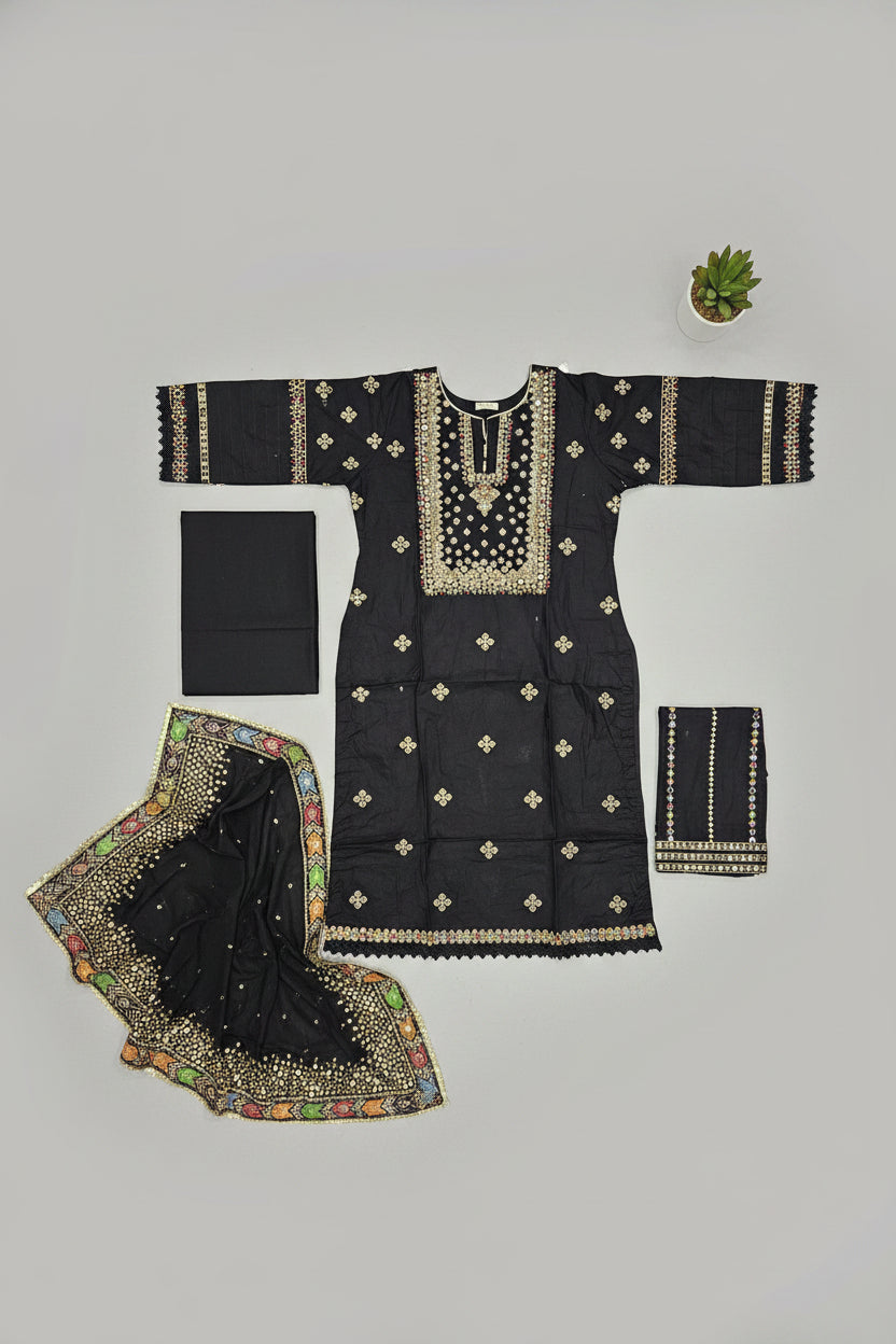 JZMN Black & Purple : Cotton Shalwar Kameez with Gotta & Thread Embroidery | Multi Colour Dupatta Border | Plus Size Casual to Festive | M to 8XL