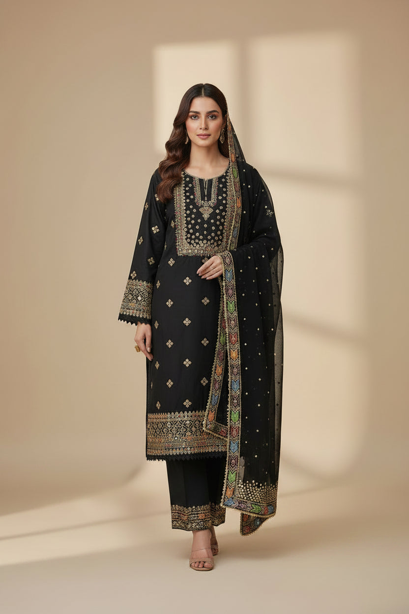 JZMN Black & Purple : Cotton Shalwar Kameez with Gotta & Thread Embroidery | Multi Colour Dupatta Border | Plus Size Casual to Festive | M to 8XL