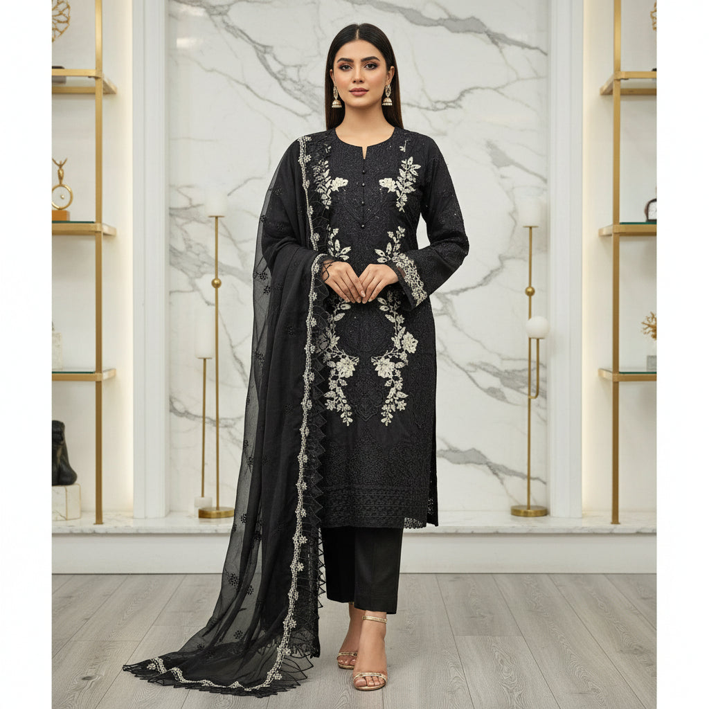 MB MBR Black & Cream: Black Cotton Shalwar Kameez with White Cream Floral Thread Embroidery | Embroidered Dupatta | Casual to Formal Eid Festive Wear | M to 8XL