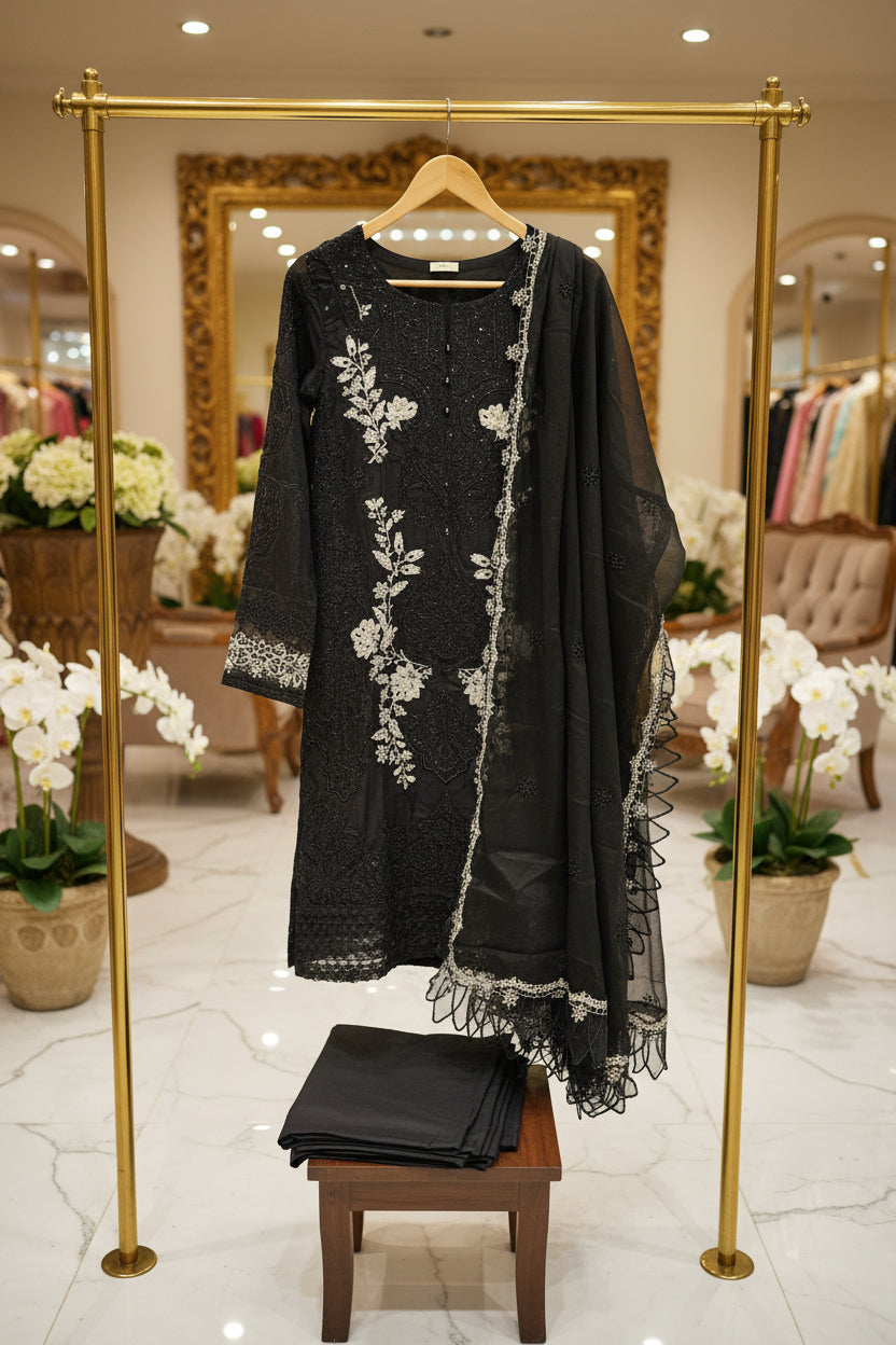MB MBR Black & Cream: Black Cotton Shalwar Kameez with White Cream Floral Thread Embroidery | Embroidered Dupatta | Casual to Formal Eid Festive Wear | M to 8XL
