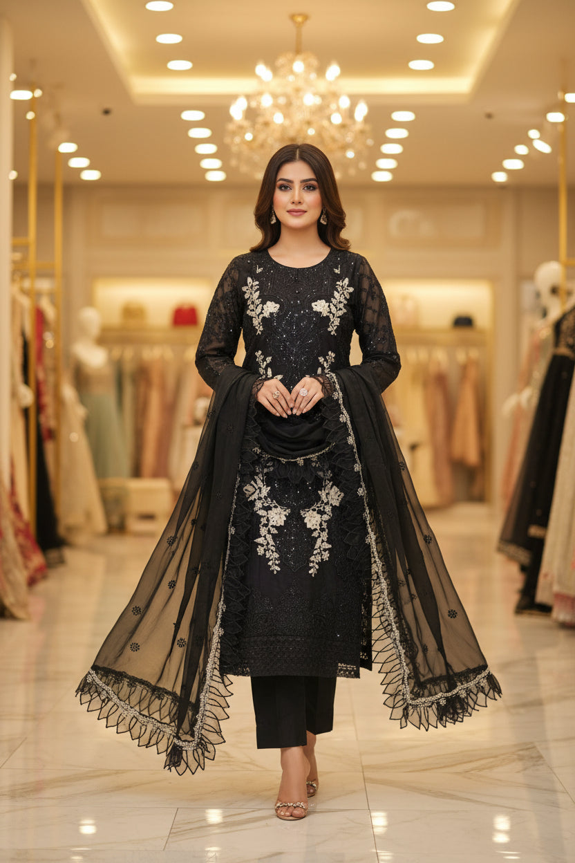 MB MBR Black & Cream: Black Cotton Shalwar Kameez with White Cream Floral Thread Embroidery | Embroidered Dupatta | Casual to Formal Eid Festive Wear | M to 8XL