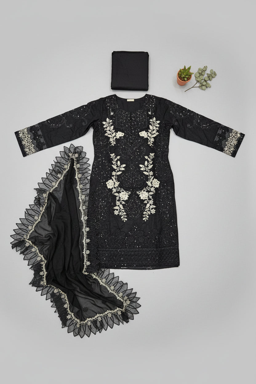 MB MBR Black & Cream: Black Cotton Shalwar Kameez with White Cream Floral Thread Embroidery | Embroidered Dupatta | Casual to Formal Eid Festive Wear | M to 8XL