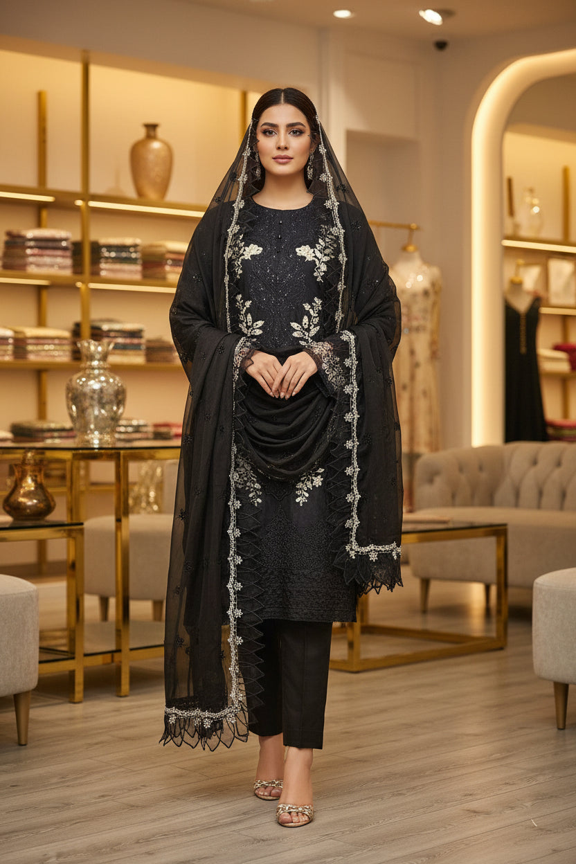 MB MBR Black & Cream: Black Cotton Shalwar Kameez with White Cream Floral Thread Embroidery | Embroidered Dupatta | Casual to Formal Eid Festive Wear | M to 8XL