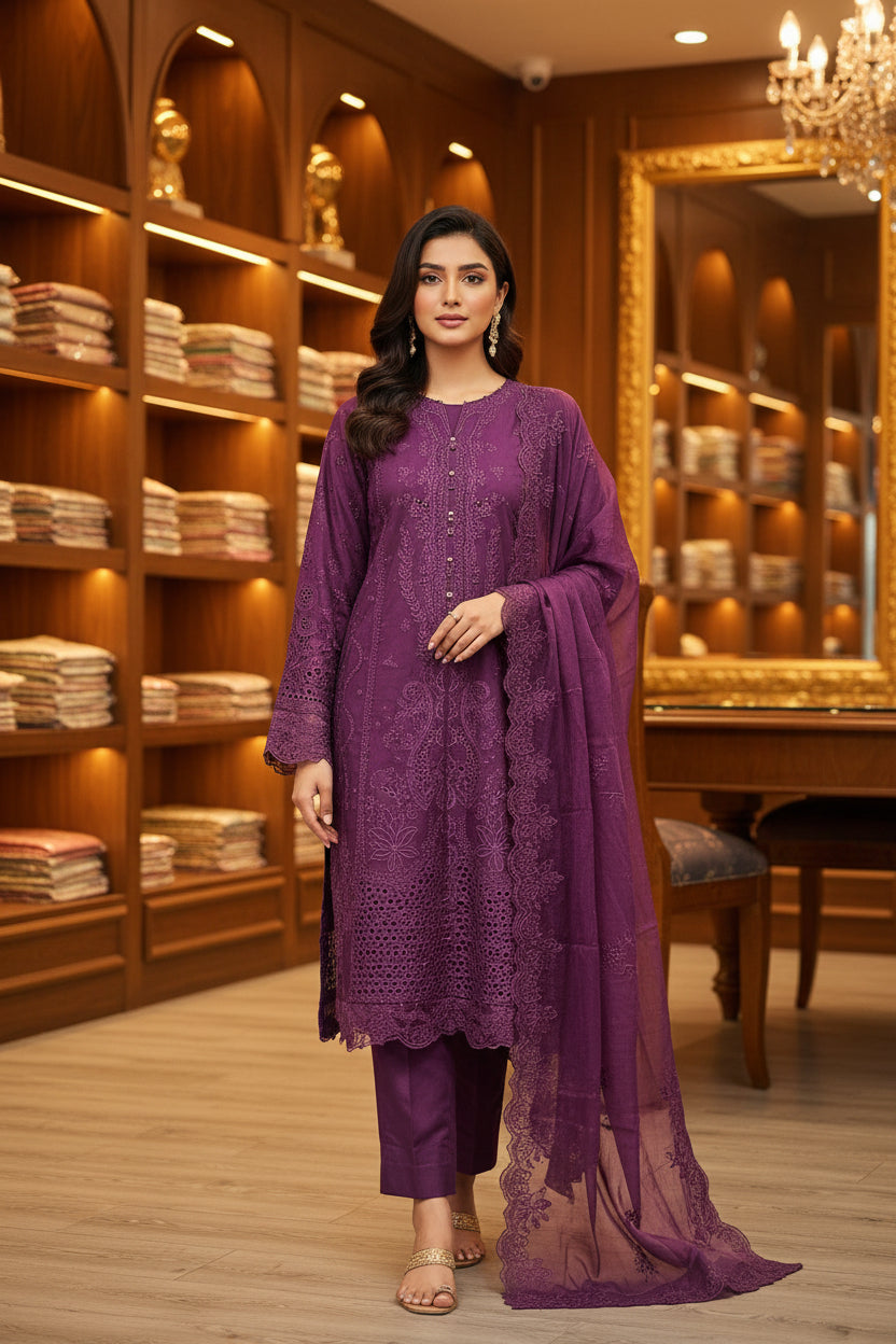 Royal Purple Laser Cut Suit | QMR Eminence All Over Embroidery Cotton Shalwar Kameez | Everyday Comfort to Semi Formal | M to 8XL
