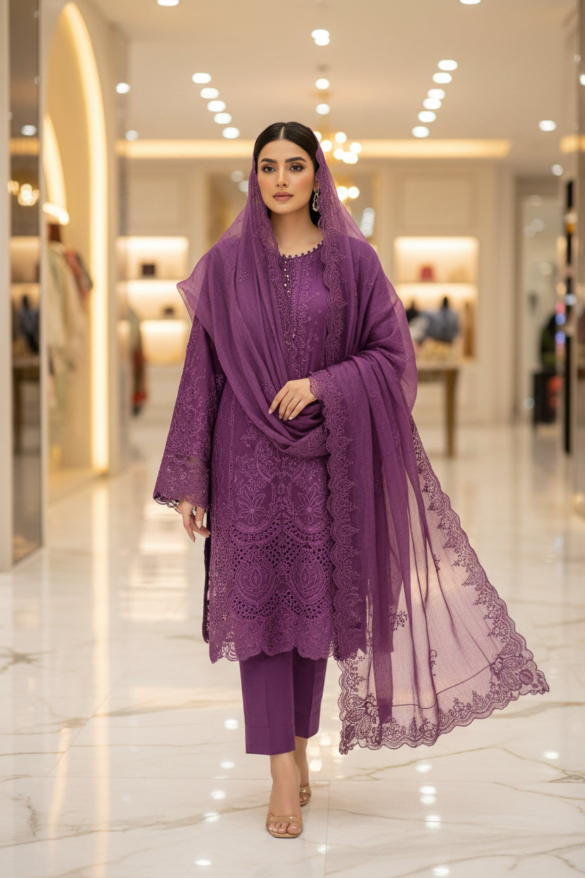Royal Purple Laser Cut Suit | QMR Eminence All Over Embroidery Cotton Shalwar Kameez | Everyday Comfort to Semi Formal | M to 8XL
