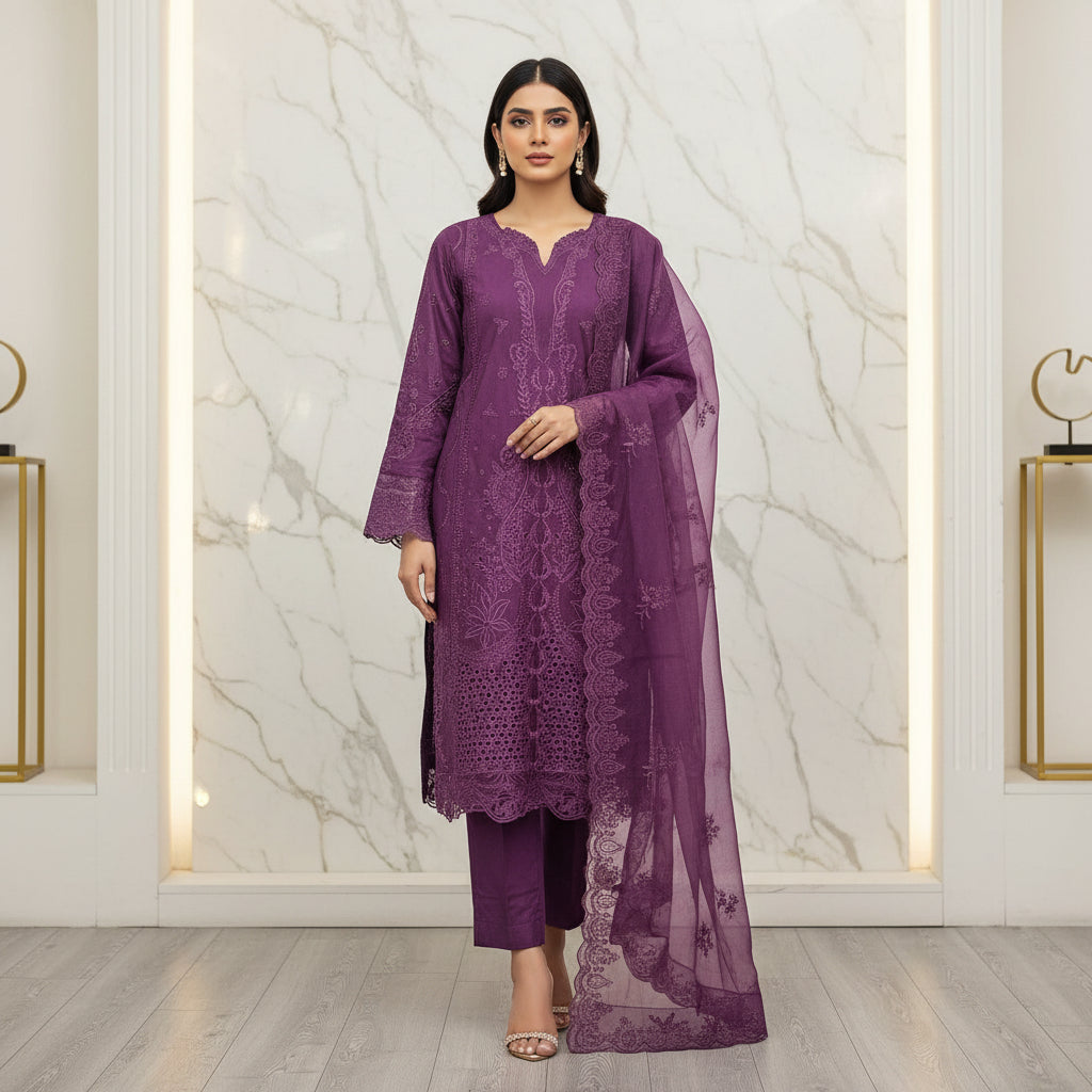 Royal Purple Laser Cut Suit | QMR Eminence All Over Embroidery Cotton Shalwar Kameez | Everyday Comfort to Semi Formal | M to 8XL