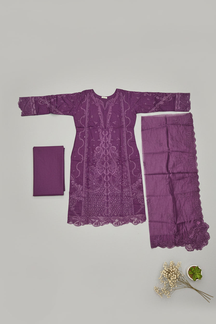 Royal Purple Laser Cut Suit | QMR Eminence All Over Embroidery Cotton Shalwar Kameez | Everyday Comfort to Semi Formal | M to 8XL