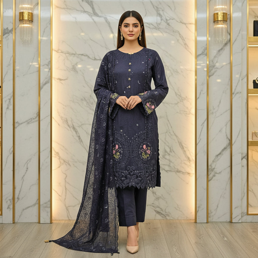 QMR Midnight Blue Luxe: Tone on Tone & Multi Colour Floral Embroidered Cotton Shalwar Kameez with Chiffon Dupatta | Plus Size Wear M to 8XL