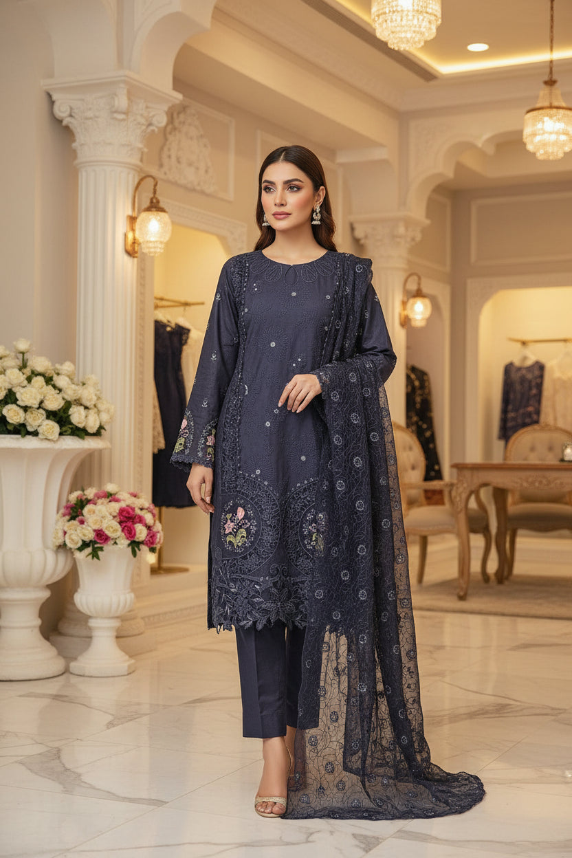 QMR Midnight Blue Luxe: Tone on Tone & Multi Colour Floral Embroidered Cotton Shalwar Kameez with Chiffon Dupatta | Plus Size Wear M to 8XL