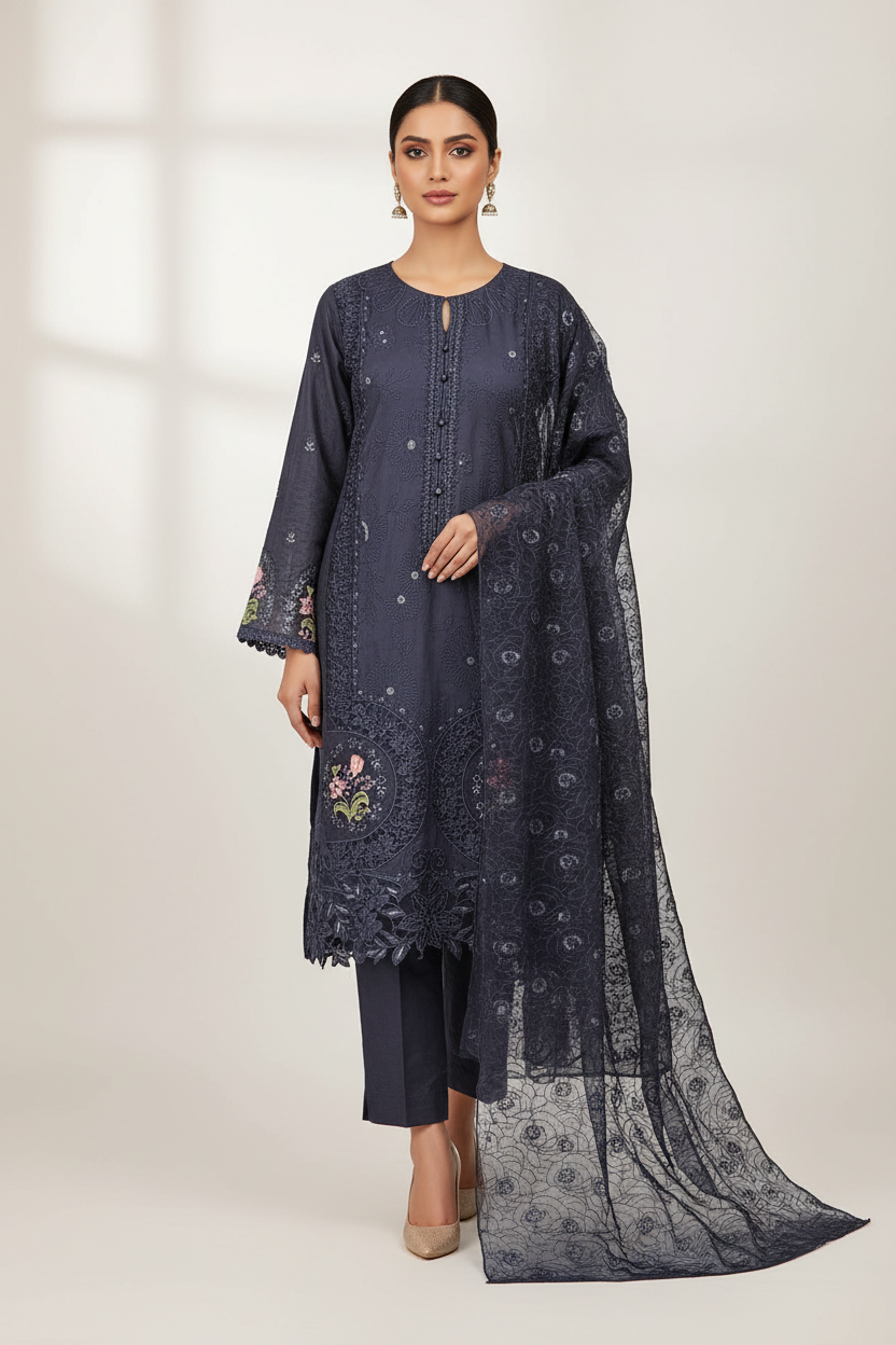 QMR Midnight Blue Luxe: Tone on Tone & Multi Colour Floral Embroidered Cotton Shalwar Kameez with Chiffon Dupatta | Plus Size Wear M to 8XL