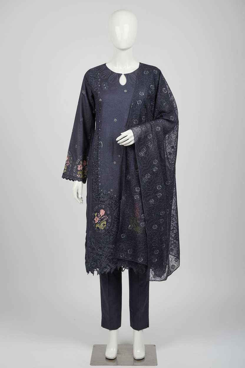 QMR Midnight Blue Luxe: Tone on Tone & Multi Colour Floral Embroidered Cotton Shalwar Kameez with Chiffon Dupatta | Plus Size Wear M to 8XL