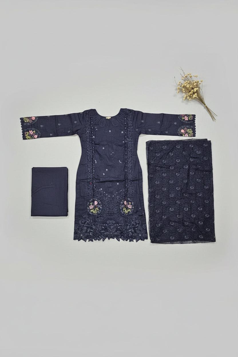 QMR Midnight Blue Luxe: Tone on Tone & Multi Colour Floral Embroidered Cotton Shalwar Kameez with Chiffon Dupatta | Plus Size Wear M to 8XL