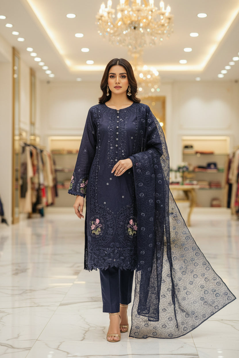 QMR Midnight Blue Luxe: Tone on Tone & Multi Colour Floral Embroidered Cotton Shalwar Kameez with Chiffon Dupatta | Plus Size Wear M to 8XL