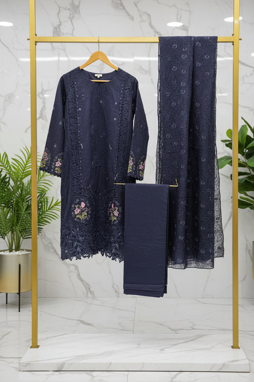 QMR Midnight Blue Luxe: Tone on Tone & Multi Colour Floral Embroidered Cotton Shalwar Kameez with Chiffon Dupatta | Plus Size Wear M to 8XL