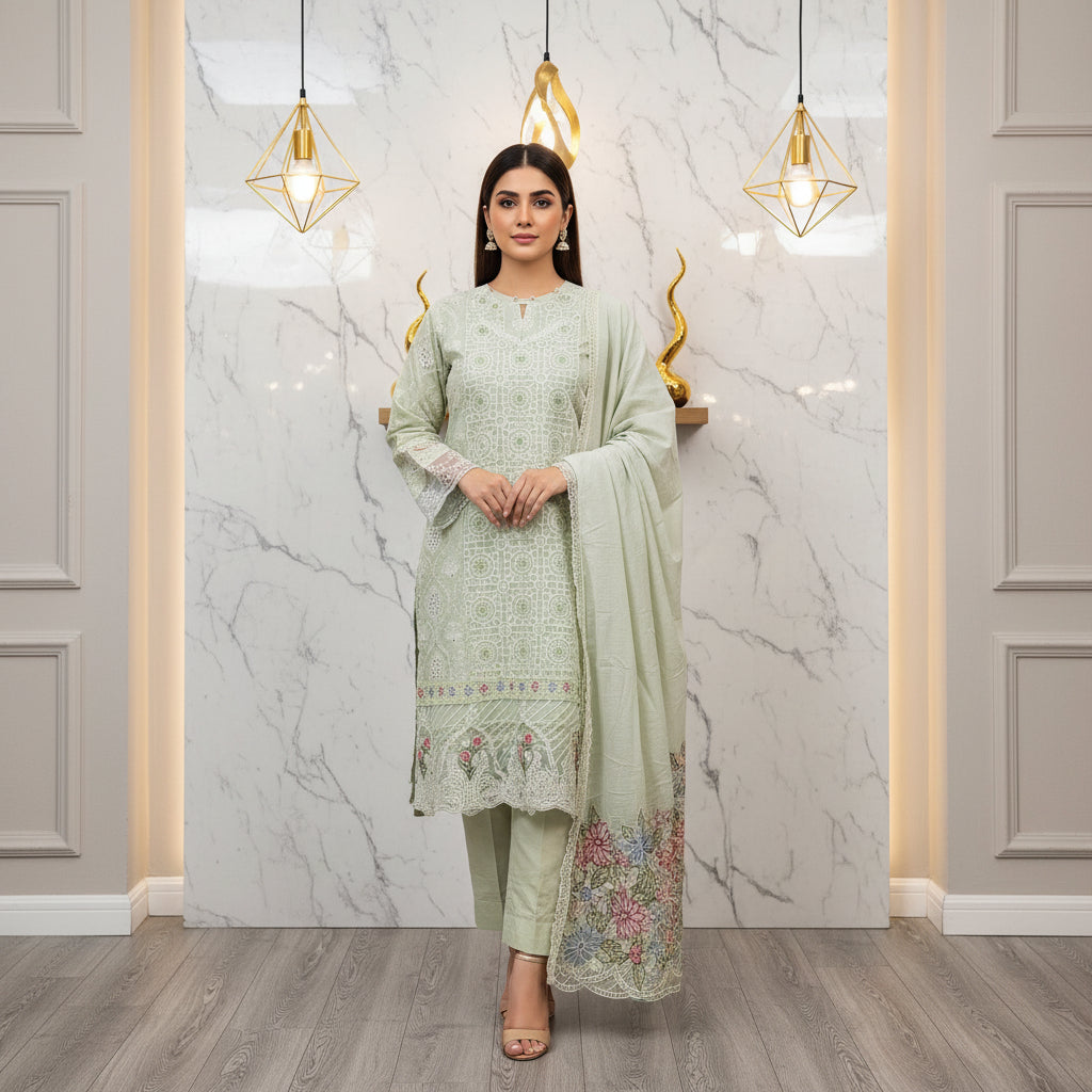 PRSH Mint Fresh: Laser Cut & Thread Embroidered Cotton Shalwar Kameez | Embroidered Dupatta | Everyday to Semi Formal Plus Size | M to 8XL