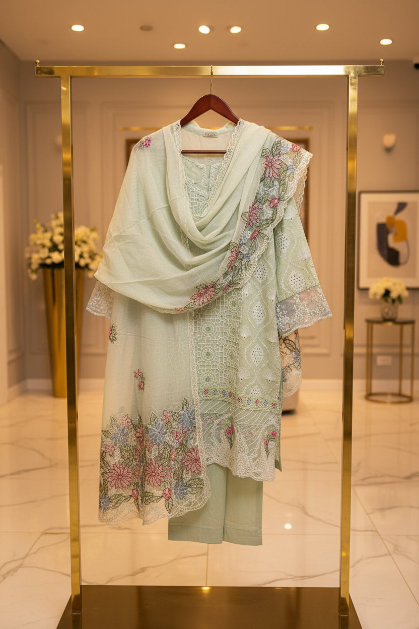 PRSH Mint Fresh: Laser Cut & Thread Embroidered Cotton Shalwar Kameez | Embroidered Dupatta | Everyday to Semi Formal Plus Size | M to 8XL
