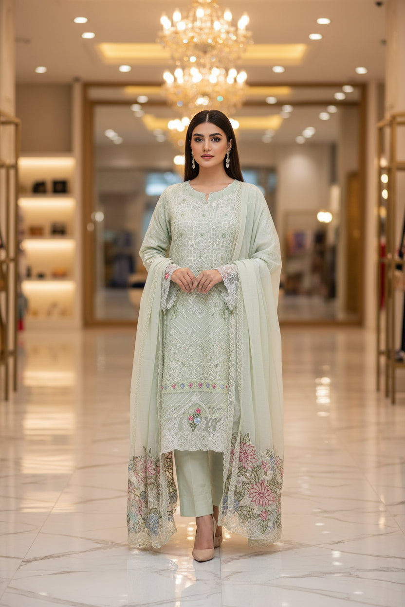 PRSH Mint Fresh: Laser Cut & Thread Embroidered Cotton Shalwar Kameez | Embroidered Dupatta | Everyday to Semi Formal Plus Size | M to 8XL