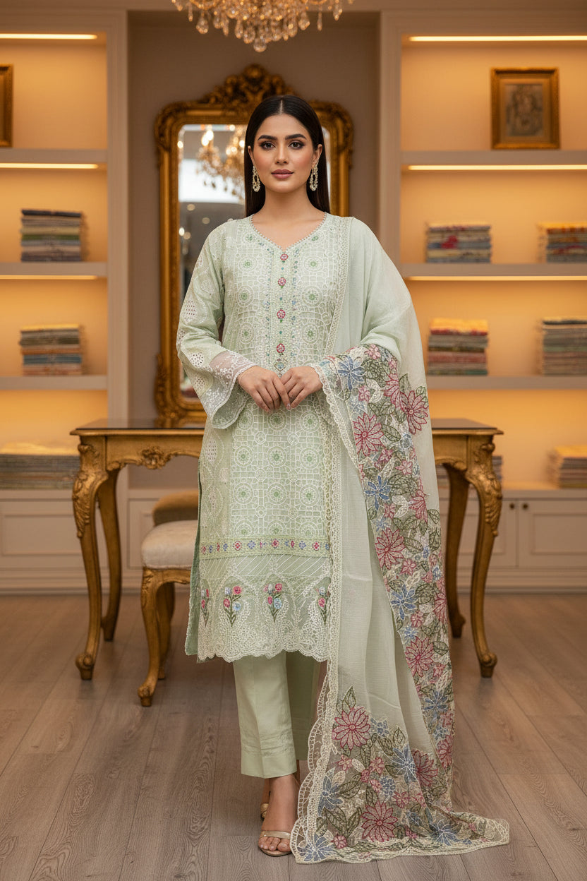 PRSH Mint Fresh: Laser Cut & Thread Embroidered Cotton Shalwar Kameez | Embroidered Dupatta | Everyday to Semi Formal Plus Size | M to 8XL