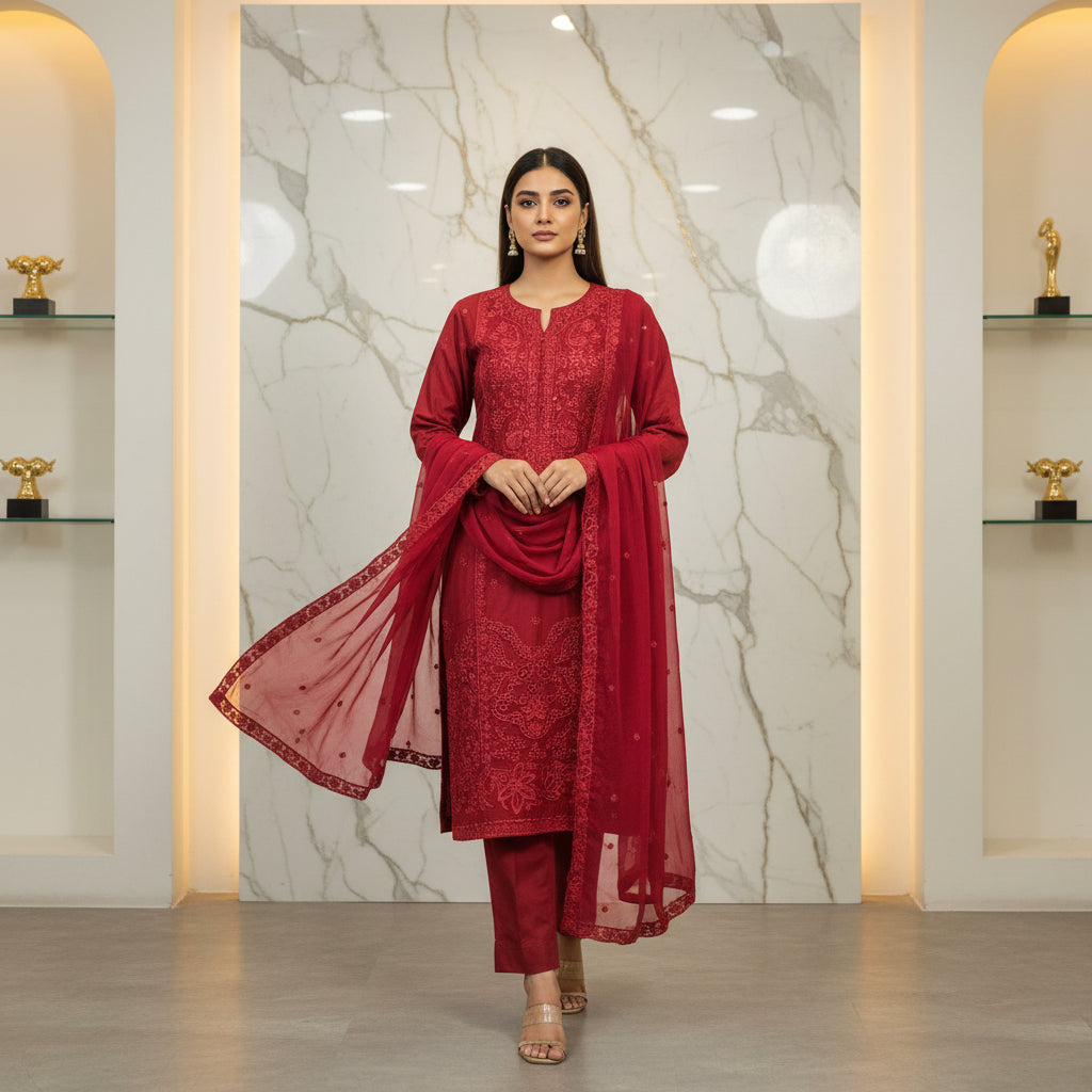 MB Maroon Magic: Laser Cut Chikan & Thread Embroidered Shalwar Kameez | Chiffon Dupatta | Everyday to Eid Wear | M to 8XL