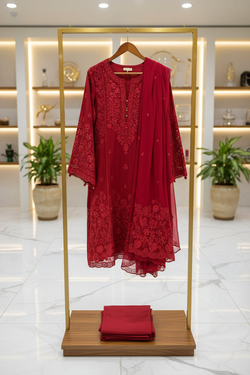 MB Maroon Magic: Laser Cut Chikan & Thread Embroidered Shalwar Kameez | Chiffon Dupatta | Everyday to Eid Wear | M to 8XL