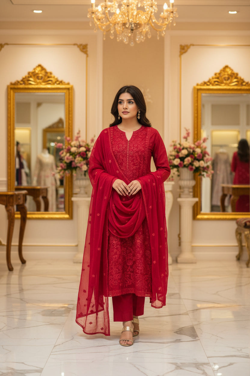 MB Maroon Magic: Laser Cut Chikan & Thread Embroidered Shalwar Kameez | Chiffon Dupatta | Everyday to Eid Wear | M to 8XL
