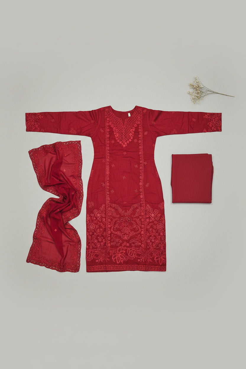 MB Maroon Magic: Laser Cut Chikan & Thread Embroidered Shalwar Kameez | Chiffon Dupatta | Everyday to Eid Wear | M to 8XL