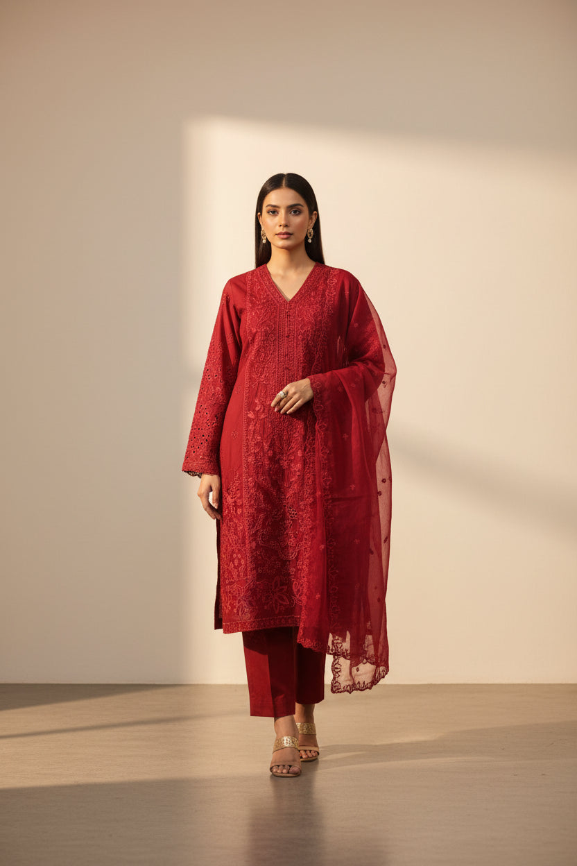 MB Maroon Magic: Laser Cut Chikan & Thread Embroidered Shalwar Kameez | Chiffon Dupatta | Everyday to Eid Wear | M to 8XL