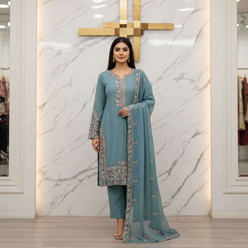 AG Powder Blue Hand Embellished Chiffon Shalwar Kameez | Plus Size Womens Comfort Wear | Festive Eid & Formal Ensemble | M to 8XL