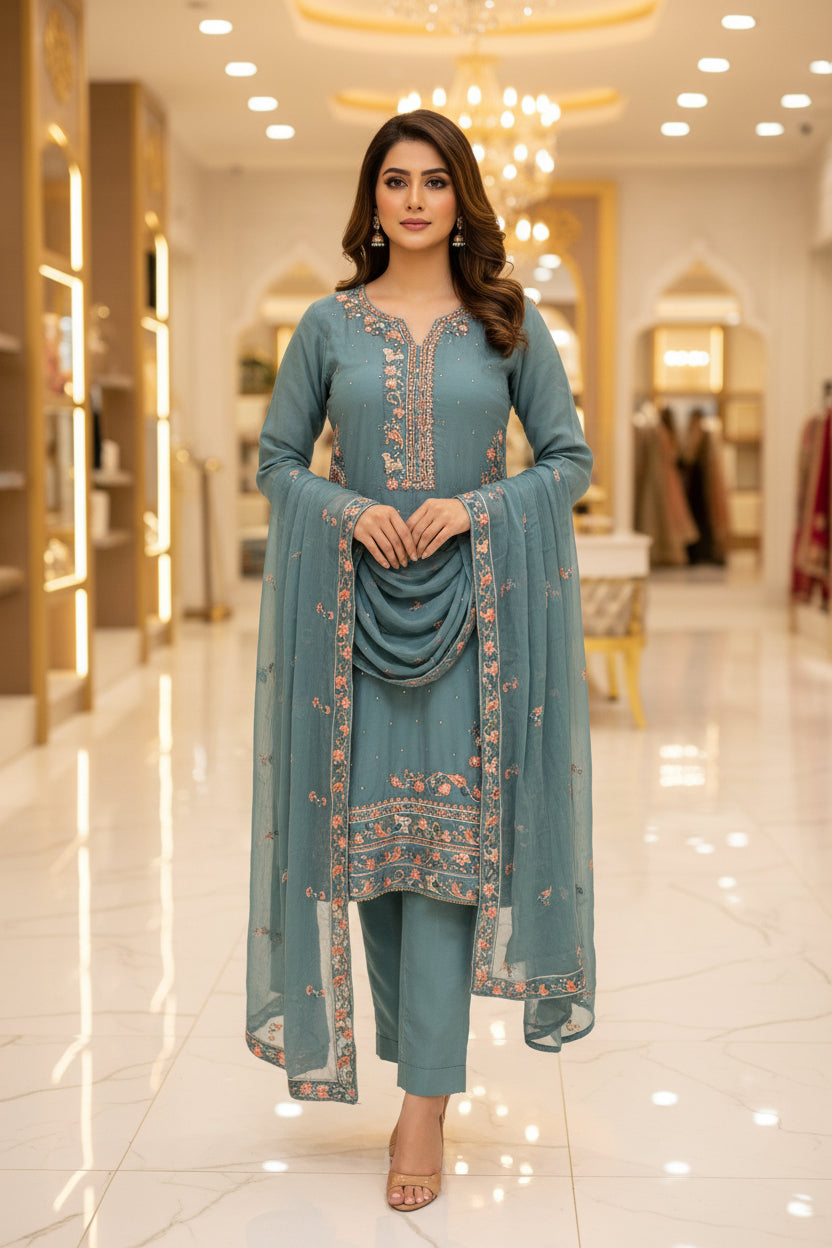 AG Powder Blue Hand Embellished Chiffon Shalwar Kameez | Plus Size Womens Comfort Wear | Festive Eid & Formal Ensemble | M to 8XL