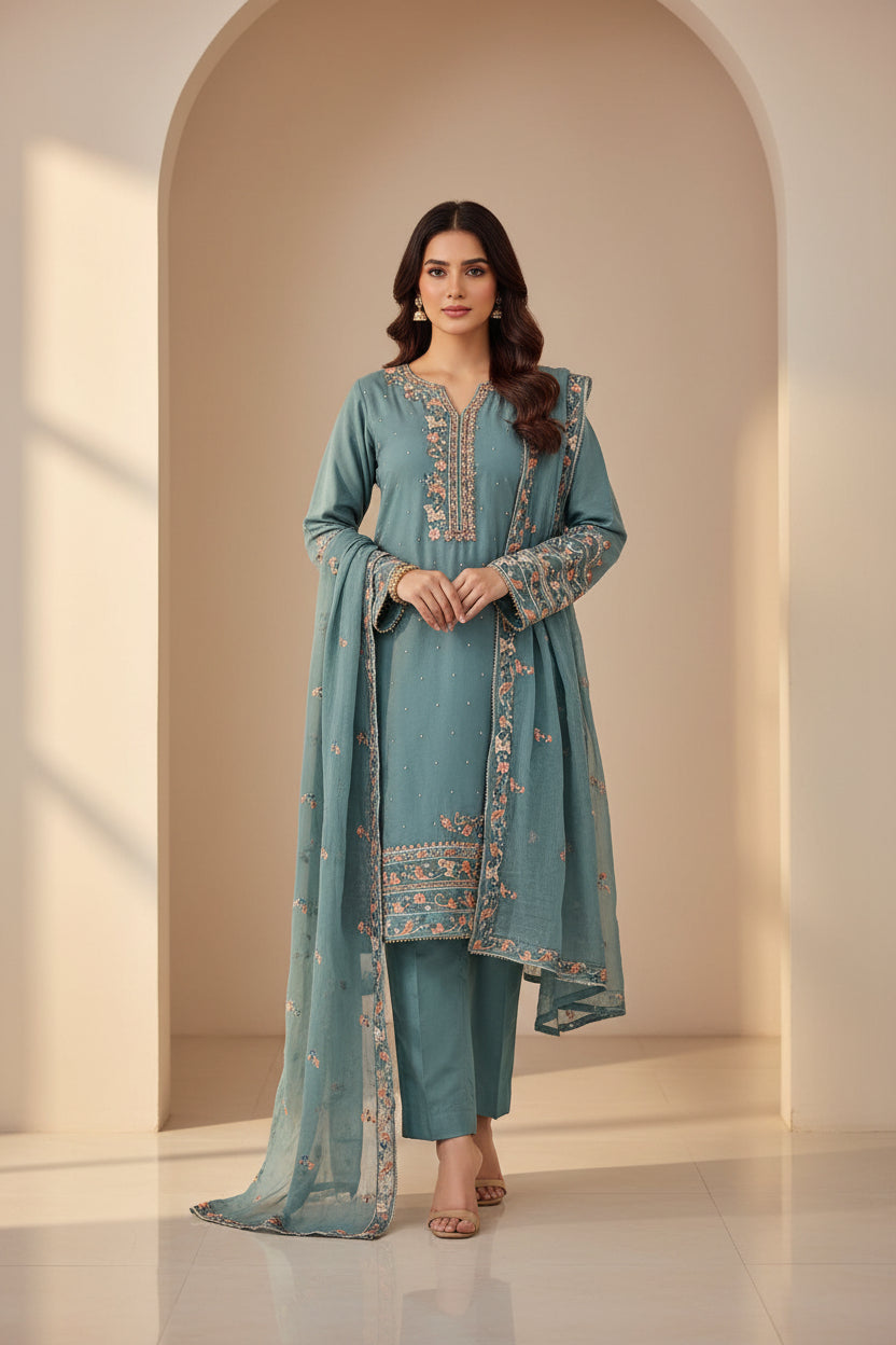 AG Powder Blue Hand Embellished Chiffon Shalwar Kameez | Plus Size Womens Comfort Wear | Festive Eid & Formal Ensemble | M to 8XL