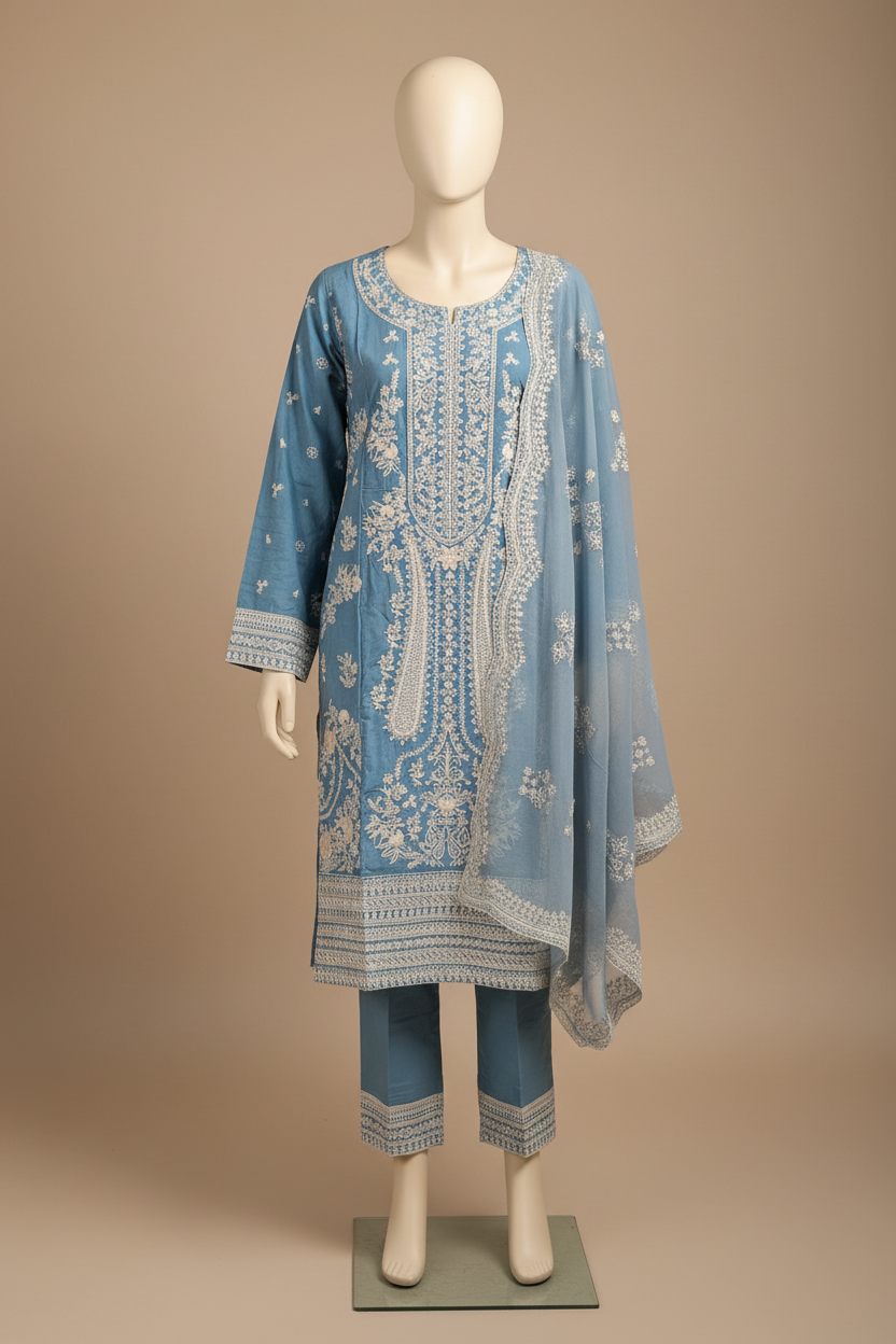 The Chartreuse & Sky Edit | Two Dreamy Shades of Heavy Embroidered Cotton Pret | Mughal Garden on Cotton | for Eid & Receptions