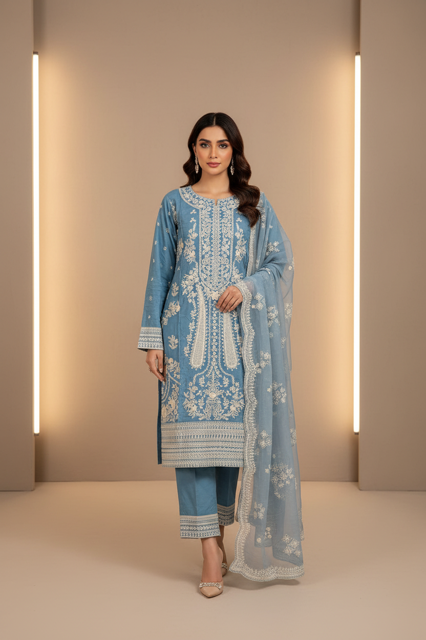 The Chartreuse & Sky Edit | Two Dreamy Shades of Heavy Embroidered Cotton Pret | Mughal Garden on Cotton | for Eid & Receptions