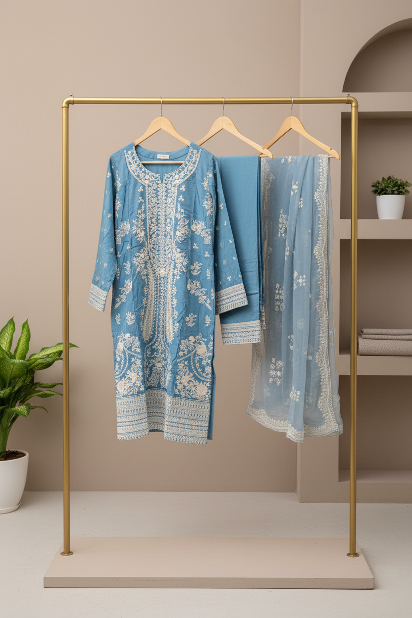 The Chartreuse & Sky Edit | Two Dreamy Shades of Heavy Embroidered Cotton Pret | Mughal Garden on Cotton | for Eid & Receptions