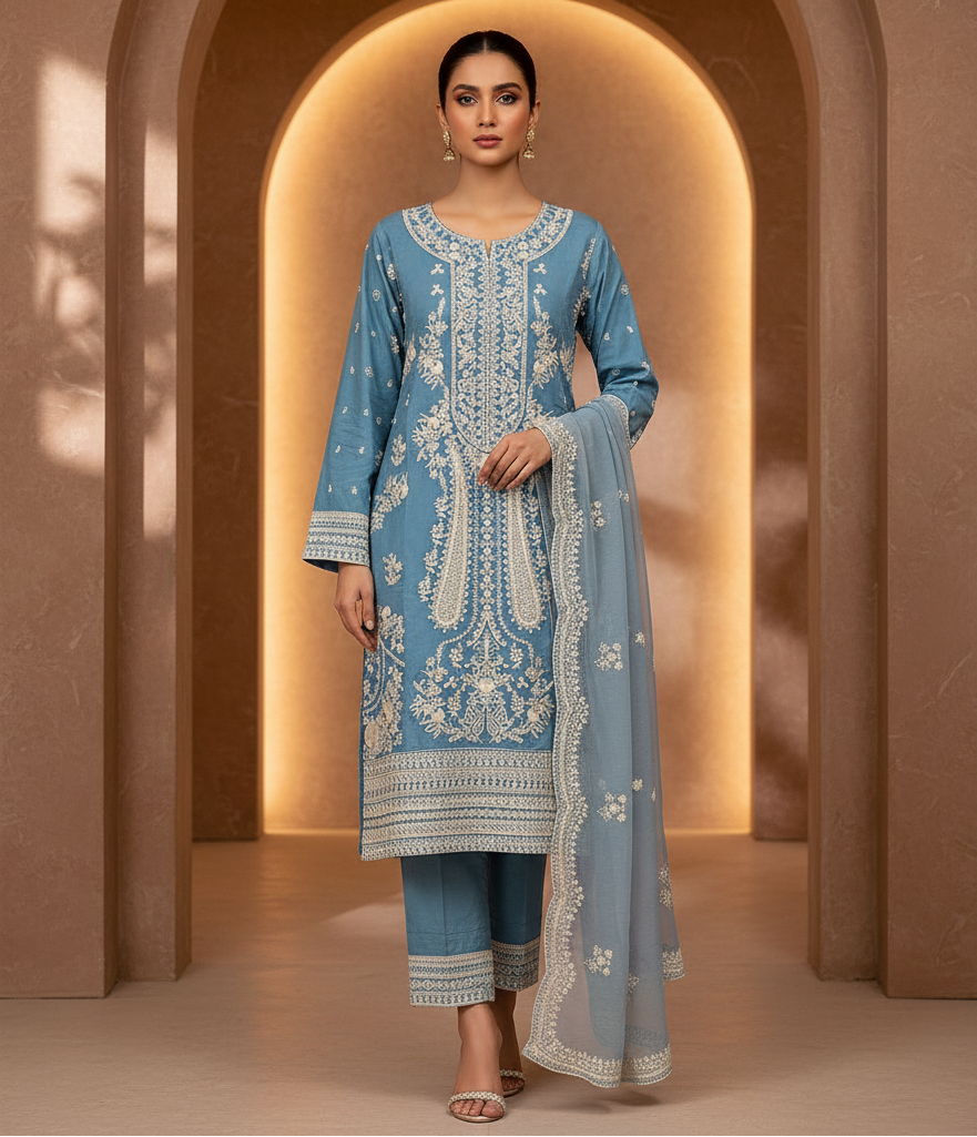 The Chartreuse & Sky Edit | Two Dreamy Shades of Heavy Embroidered Cotton Pret | Mughal Garden on Cotton | for Eid & Receptions