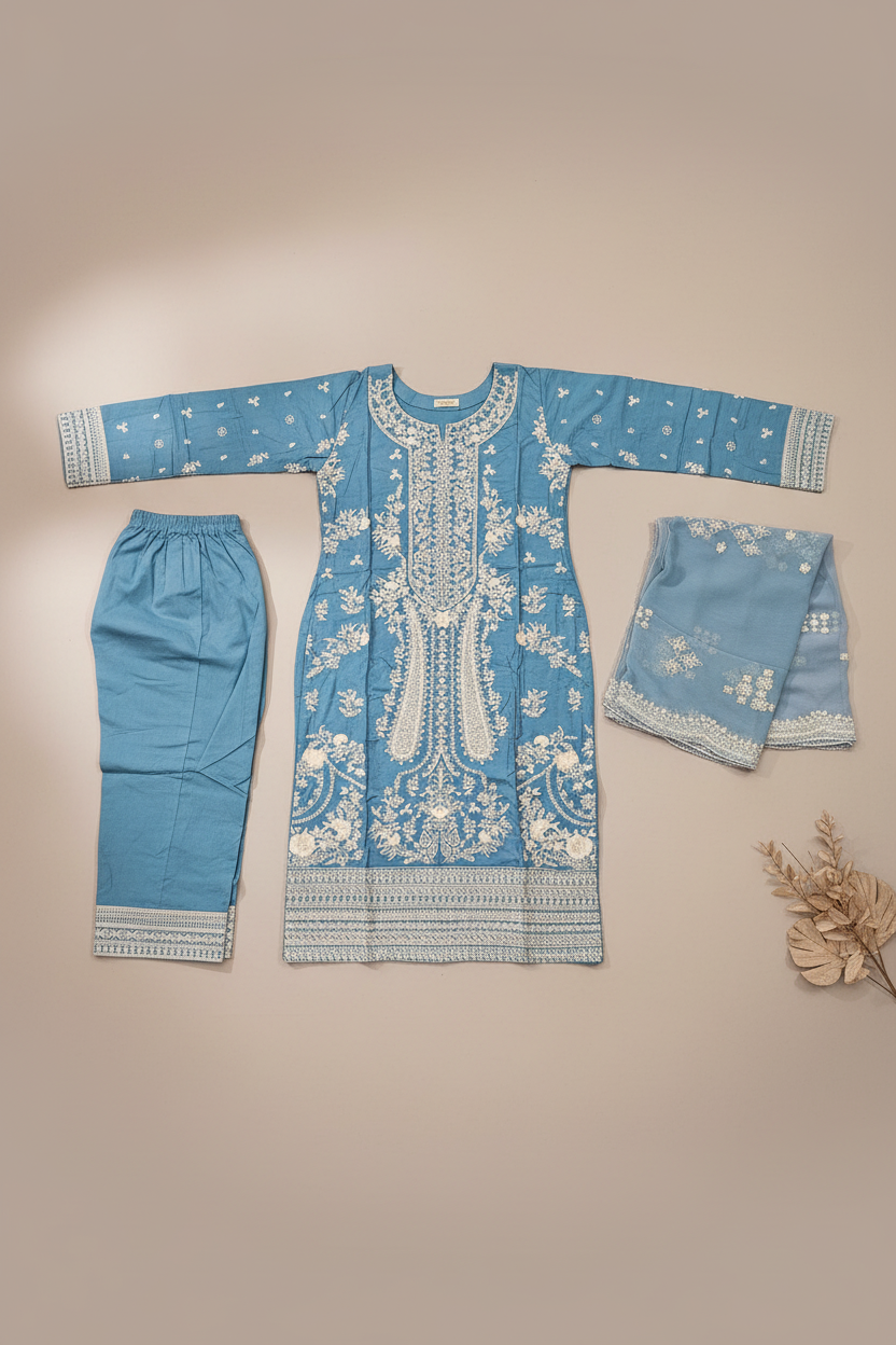 The Chartreuse & Sky Edit | Two Dreamy Shades of Heavy Embroidered Cotton Pret | Mughal Garden on Cotton | for Eid & Receptions