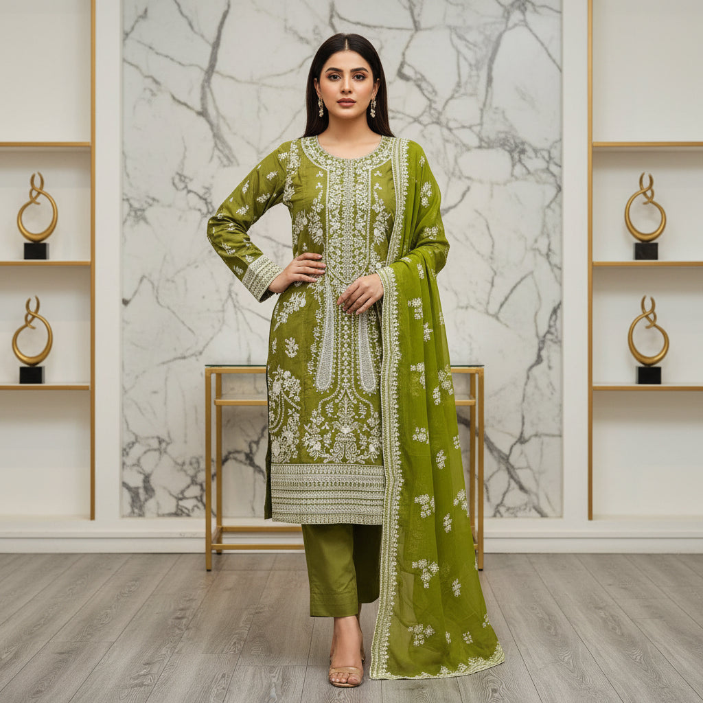 The Chartreuse & Sky Edit | Two Dreamy Shades of Heavy Embroidered Cotton Pret | Mughal Garden on Cotton | for Eid & Receptions