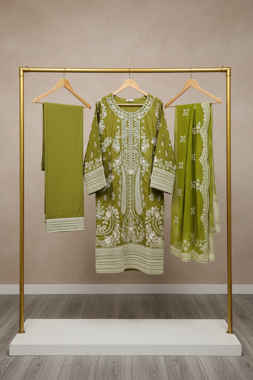 The Chartreuse & Sky Edit | Two Dreamy Shades of Heavy Embroidered Cotton Pret | Mughal Garden on Cotton | for Eid & Receptions
