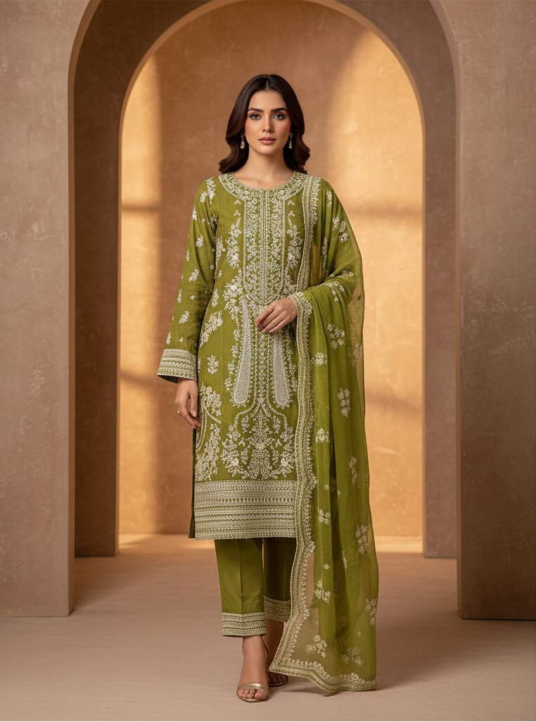 The Chartreuse & Sky Edit | Two Dreamy Shades of Heavy Embroidered Cotton Pret | Mughal Garden on Cotton | for Eid & Receptions