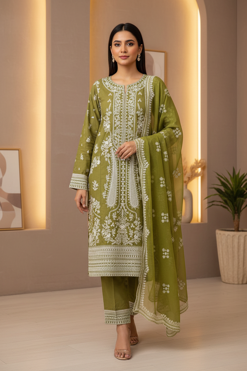 The Chartreuse & Sky Edit | Two Dreamy Shades of Heavy Embroidered Cotton Pret | Mughal Garden on Cotton | for Eid & Receptions