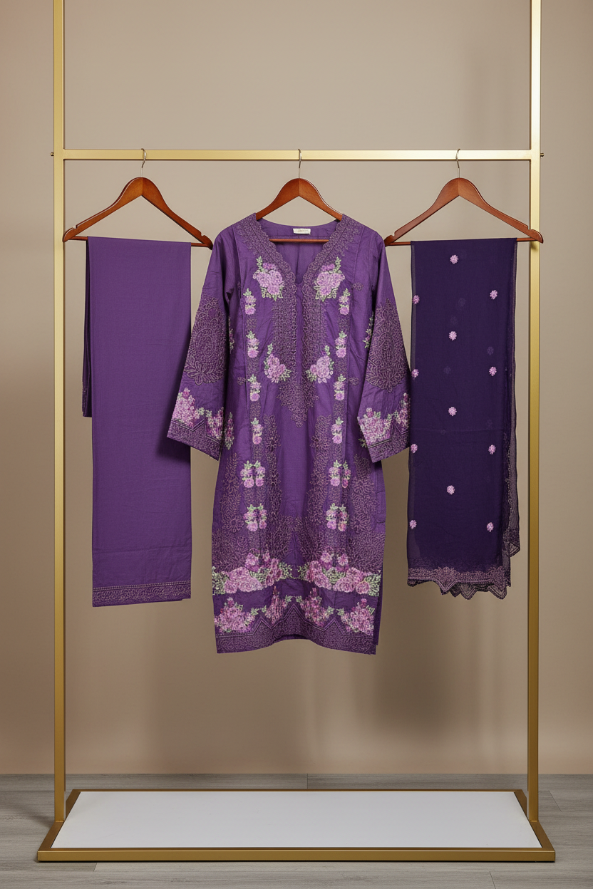 Deep Orchid Purple & Royal Cobalt Blue | Mughal Ornamental Styling on Soft Cotton | Luxury Pakistani Pret Suit