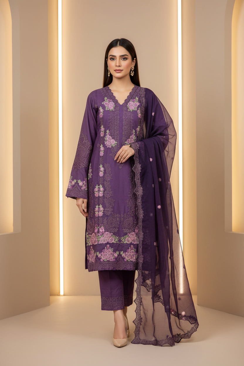 Deep Orchid Purple & Royal Cobalt Blue | Mughal Ornamental Styling on Soft Cotton | Luxury Pakistani Pret Suit