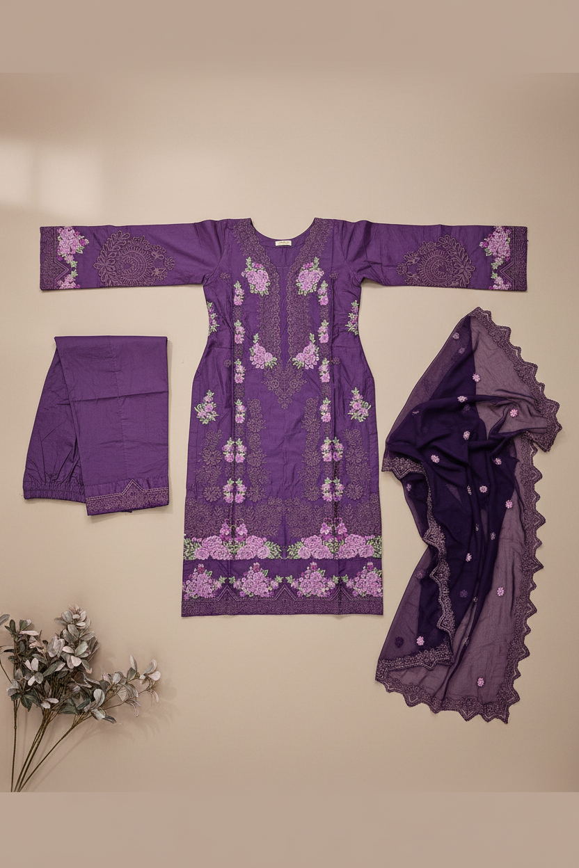 Deep Orchid Purple & Royal Cobalt Blue | Mughal Ornamental Styling on Soft Cotton | Luxury Pakistani Pret Suit